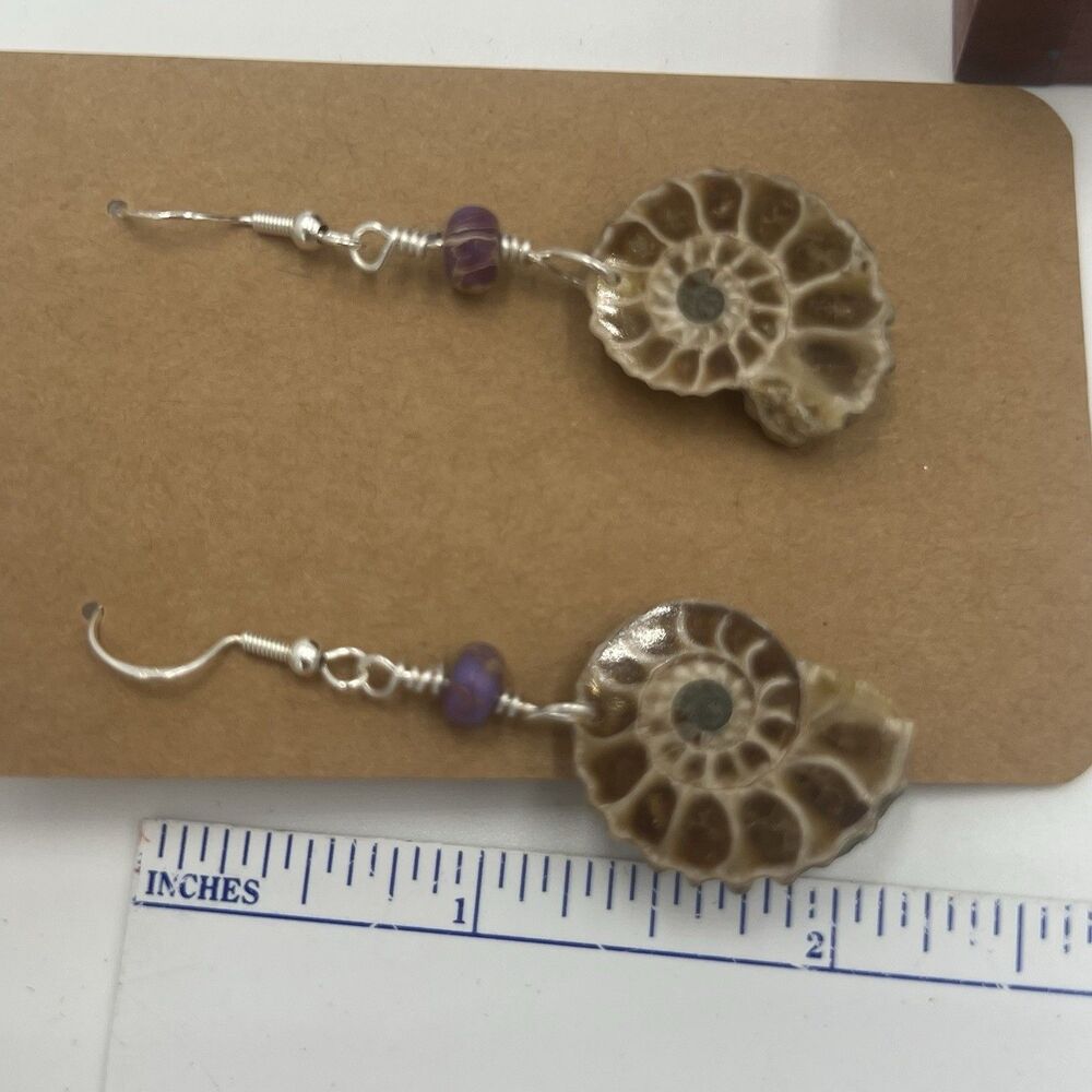 Natural Ammonite Fossil Gesmtone Sterling Silver Earrings Handmade With Opal - Picture 8 of 8
